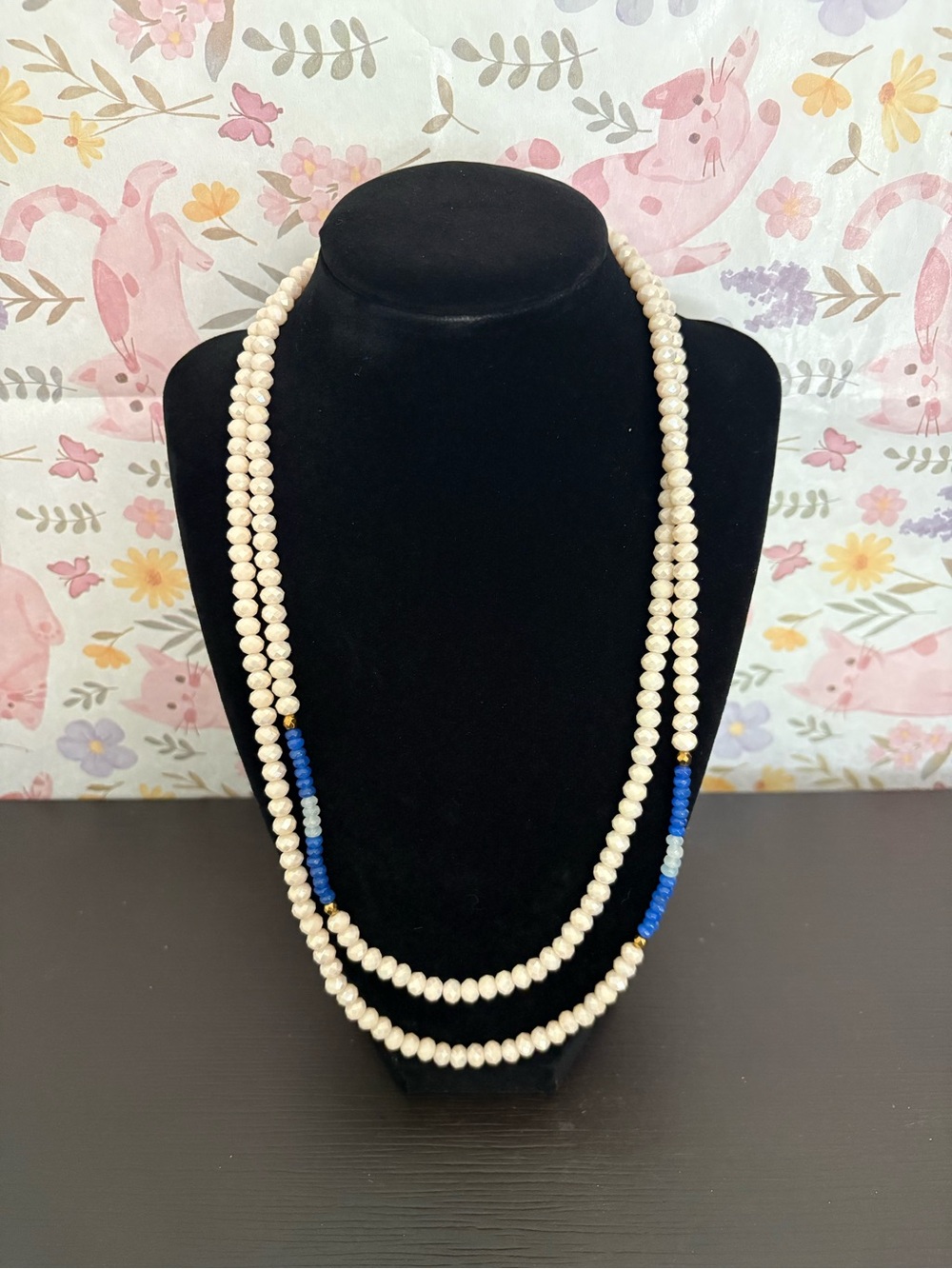 BPD Betsey Pittard Designs long beaded faux pearls and blue beads accents. PO
